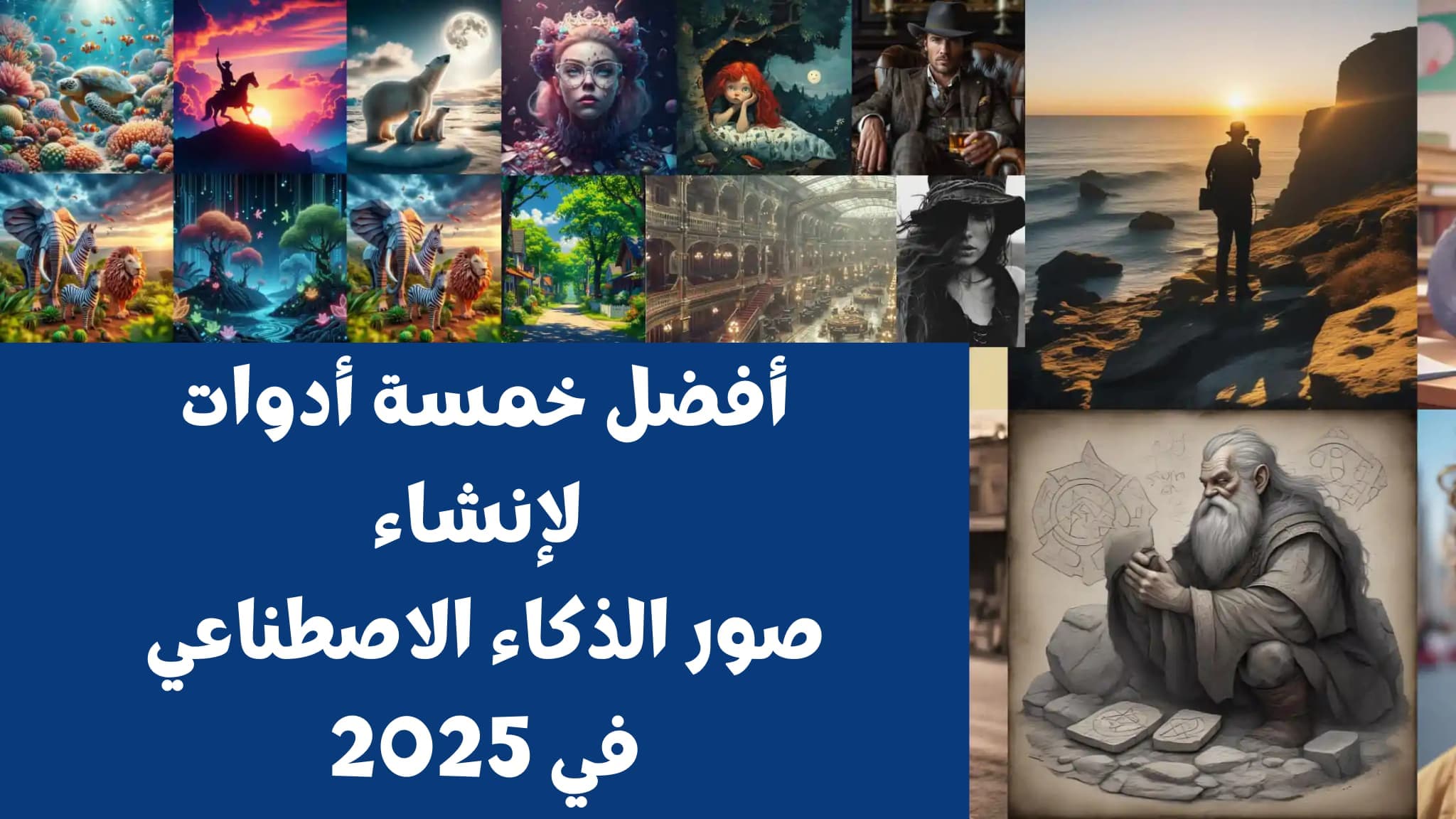 مجموعة من صور AI، مع نص "أفضل خمسة أدوات لإنشاء صور الذكاء الاصطناعي في 2025"