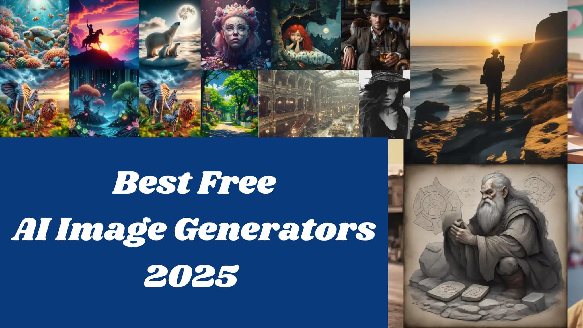 Collection of AI images with text "Five Best AI Image Generators in 2025".