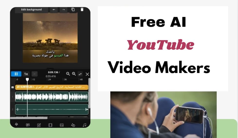 Free AI YouTube video creation tools showing a video editor interface and a person consuming visual content.