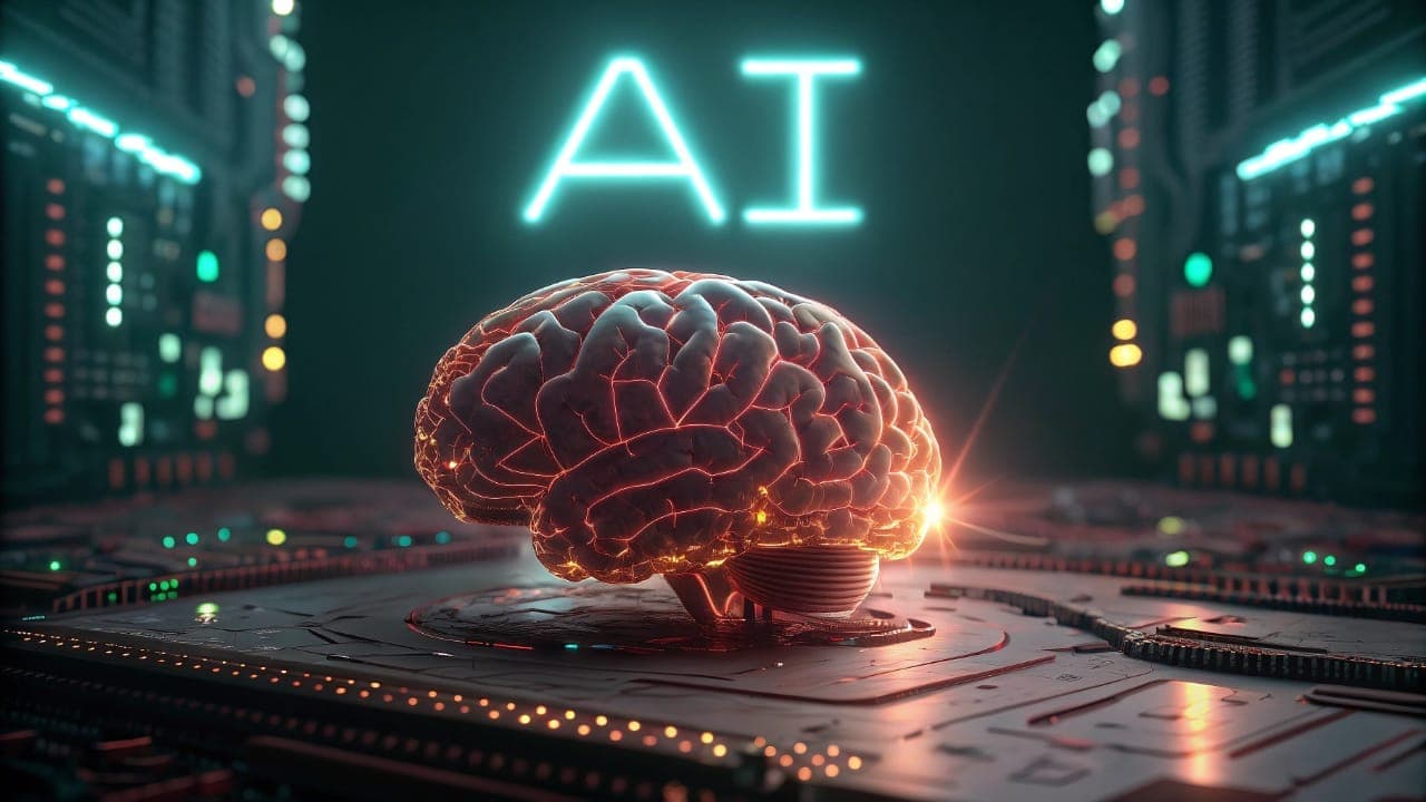 A glowing human brain symbolizing AI and reasoning models, with the word 'AI', and a technological background indicating computational power and its development challenges.