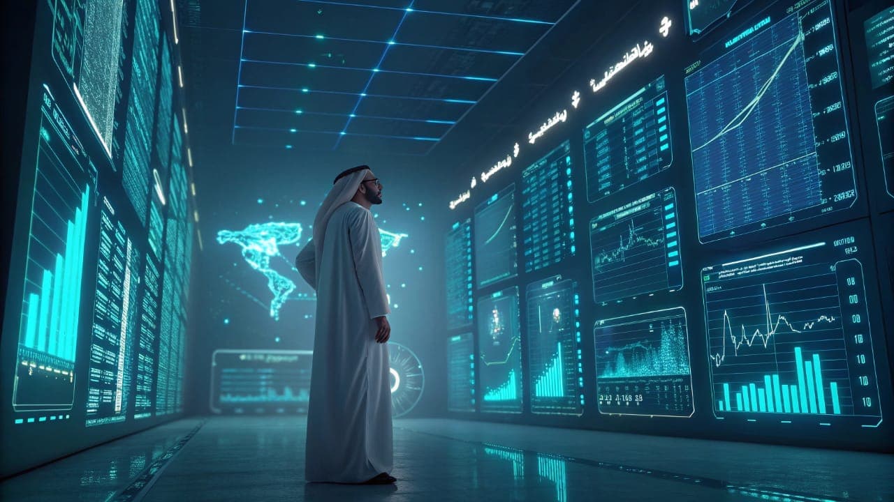 رجل سعودي يرتدي الزي التقليدي ينظر إلى شاشات بيانات رقمية متطورة تعرض رسومًا بيانية ومؤشرات، ترمز إلى استثمارات السعودية الطموحة في الذكاء الاصطناعي ومستقبل التقنية عبر شركة هيومن.