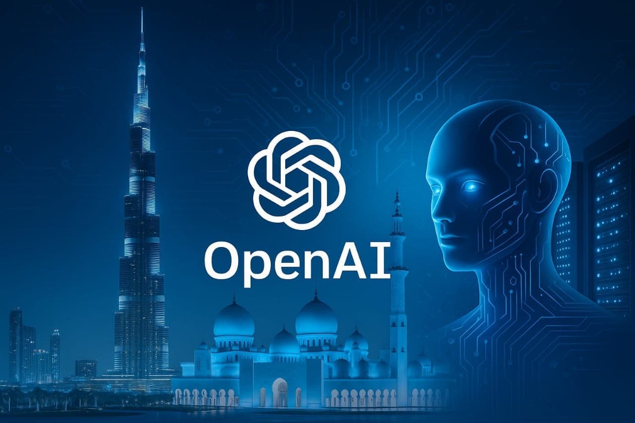شعار OpenAI يتوسط صورة تجمع برج خليفة ومعلم إماراتي آخر على خلفية تكنولوجية ترمز لمراكز بيانات الذكاء الاصطناعي في الإمارات.