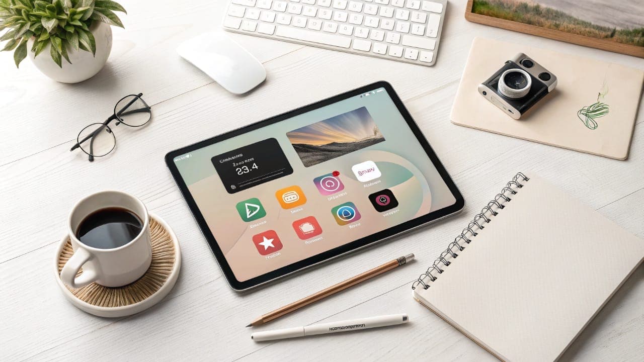 جهاز لوحي على مكتب يعرض أيقونات تطبيقات متنوعة، ترمز إلى برمجيات مفتوحة المصدر غير شائعة يمكن استكشافها، مع أدوات مكتبية محيطة مثل القهوة والنظارات والدفتر.
