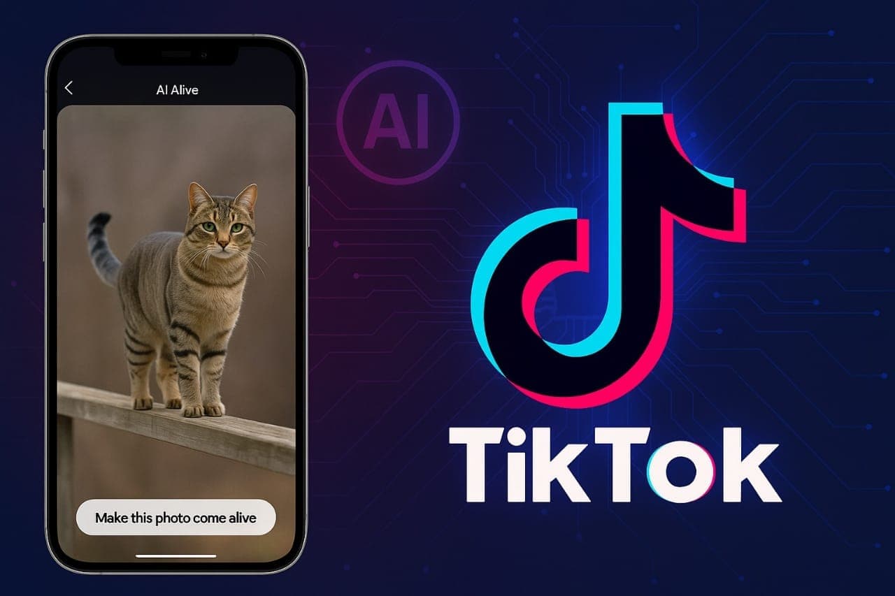 Illustrative image of TikTok's AI Alive feature, showing the app logo next to a phone displaying an interface converting a cat photo into a video using AI.