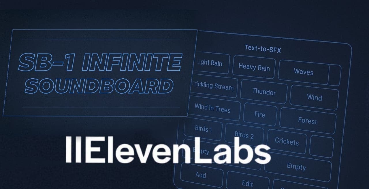 تصميم يوضح شعار ElevenLabs وواجهة أداة SB-1 Infinite Soundboard، مع أزرار تمثل مؤثرات صوتية متنوعة مثل المطر والرعد، وعبارة Text-to-SFX.