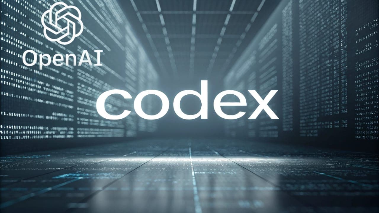 شعار OpenAI وكلمة Codex باللون الأبيض بارزة في المقدمة، على خلفية لممر رقمي مكون من أسطر برمجية متوهجة باللون الأزرق الفاتح، تمثل أداة Codex للبرمجة بالذكاء الاصطناعي.