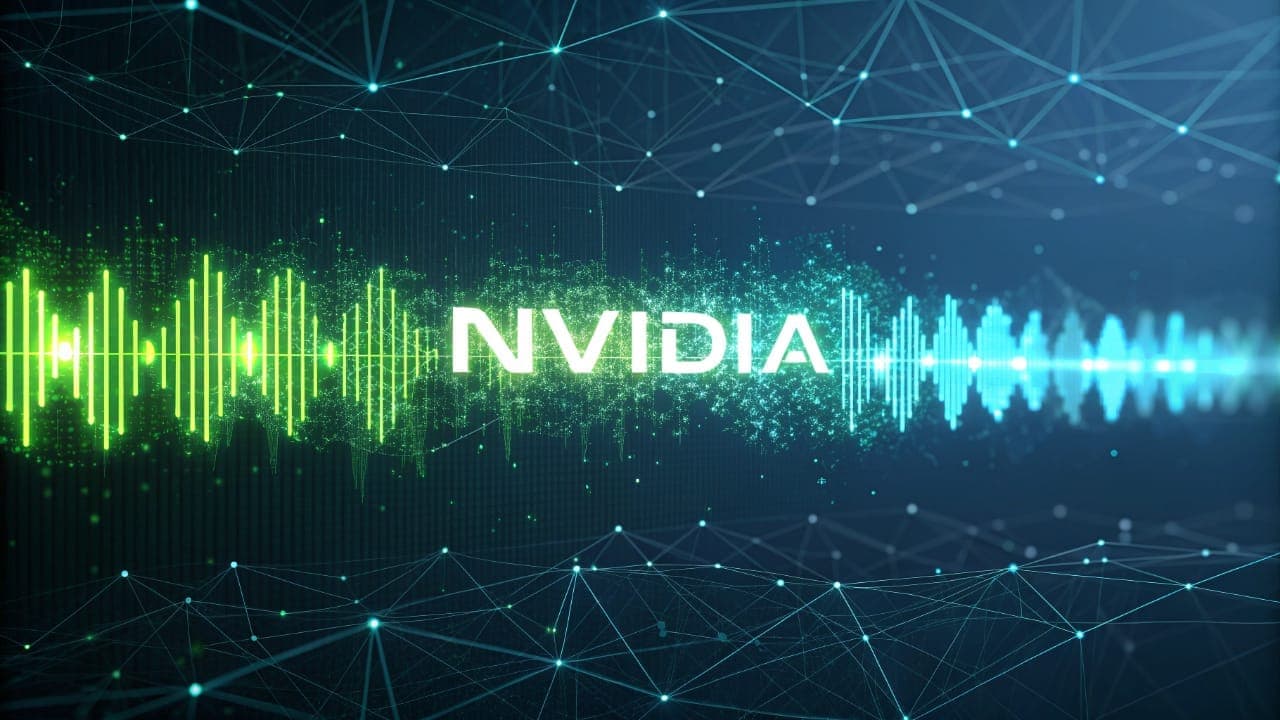 شعار شركة Nvidia يتوسط موجات صوتية باللونين الأخضر والأزرق، مع شبكة من النقاط والخطوط في الخلفية، تمثل تقنية التعرف على الكلام المتقدمة في نموذج Parakeet-tdt-0.6b-v2
