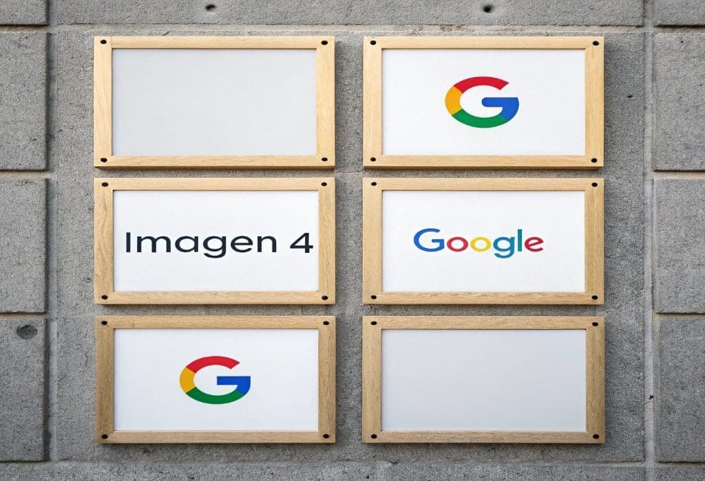 Collage: six framed panels on a wall—two Google logos, one "Imagen 4," one "Google"—announcing Google's Imagen 4 AI model.