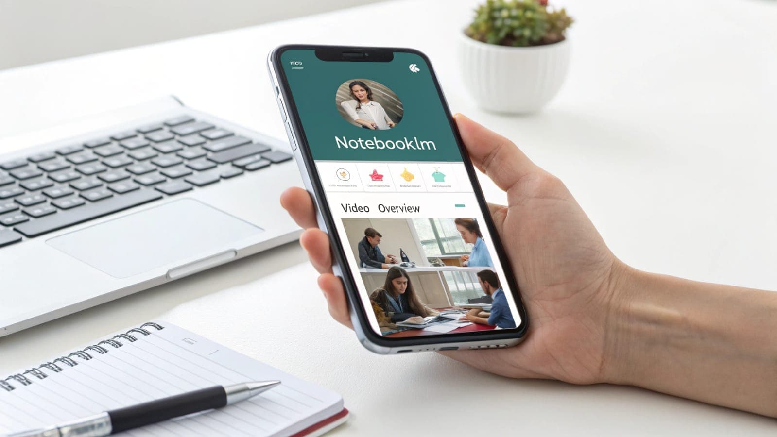 يد تمسك هاتفًا ذكيًا يعرض واجهة تطبيق NotebookLM وميزة Video Overviews للتحويل إلى فيديوهات تعليمية بصرية.