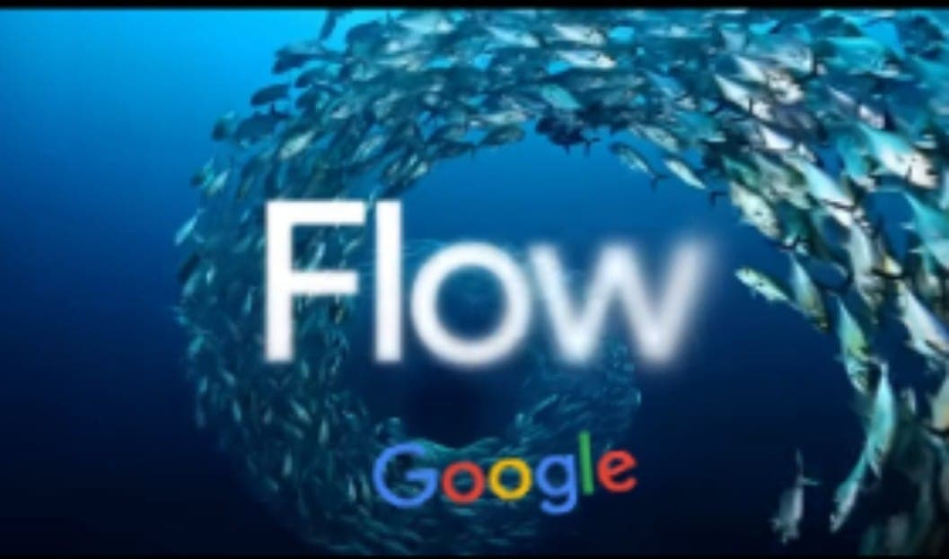 شعار أداة Flow من جوجل لإنشاء الأفلام بالذكاء الاصطناعي مع سرب من الأسماك في الخلفية
