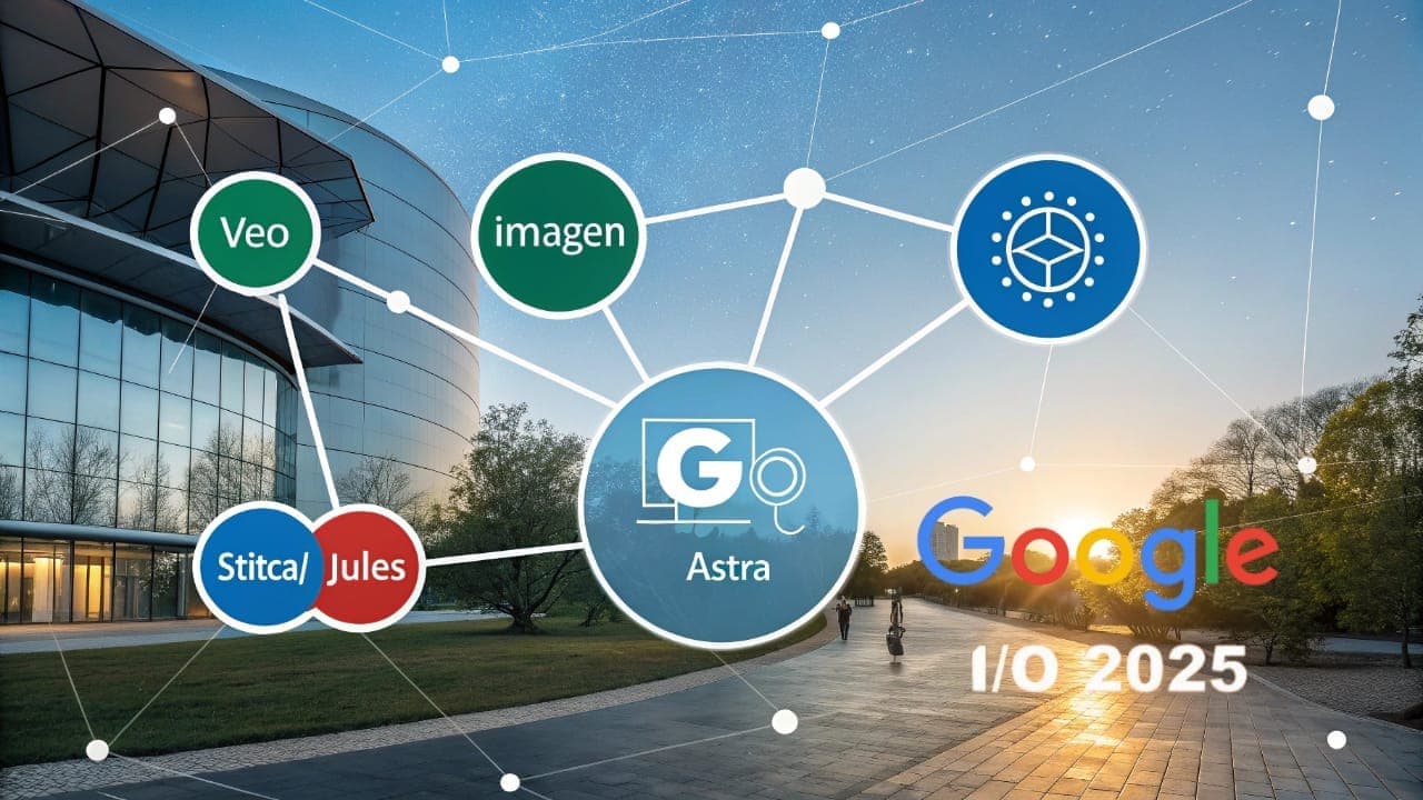 رسم بياني يوضح ابتكارات جوجل في مجال الذكاء الاصطناعي بمؤتمر Google I/O 2025، يظهر دوائر متصلة لمنتجات ومشاريع مثل Veo، Imagen، Stitch/Jules، و Astra، مع شعار المؤتمر البارز في خلفية لمبنى حديث.
