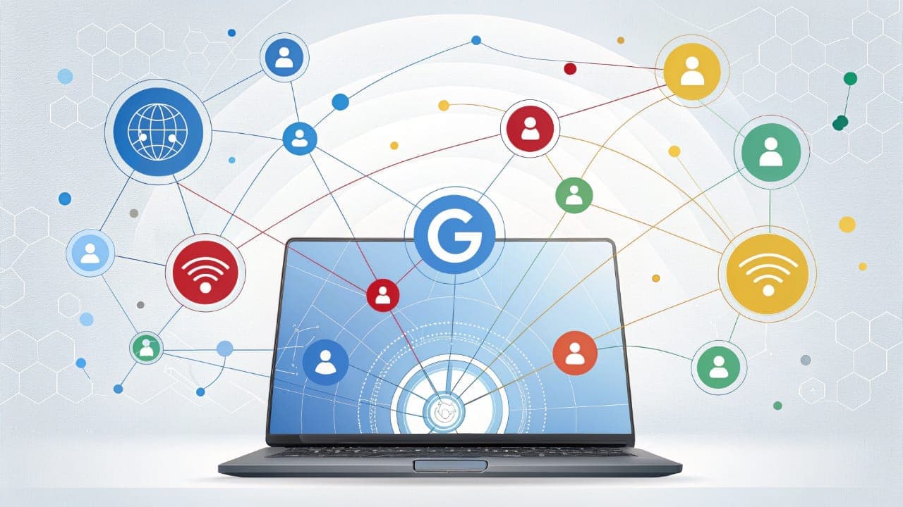 Laptop with Google logo connected to a network of icons symbolizing AI agents and the future of digital search and interaction.