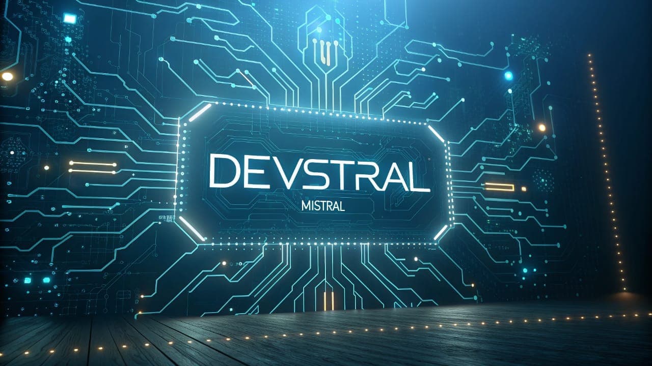 DEVSTRAL and MISTRAL logos glowing on a circuit board, symbolizing the AI coding model.