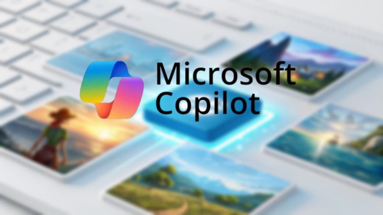 Microsoft Copilot logo surrounded by examples of AI-generated images (landscapes, portraits), illustrating the integration of the new GPT-4o image generation feature and its creative capabilities.