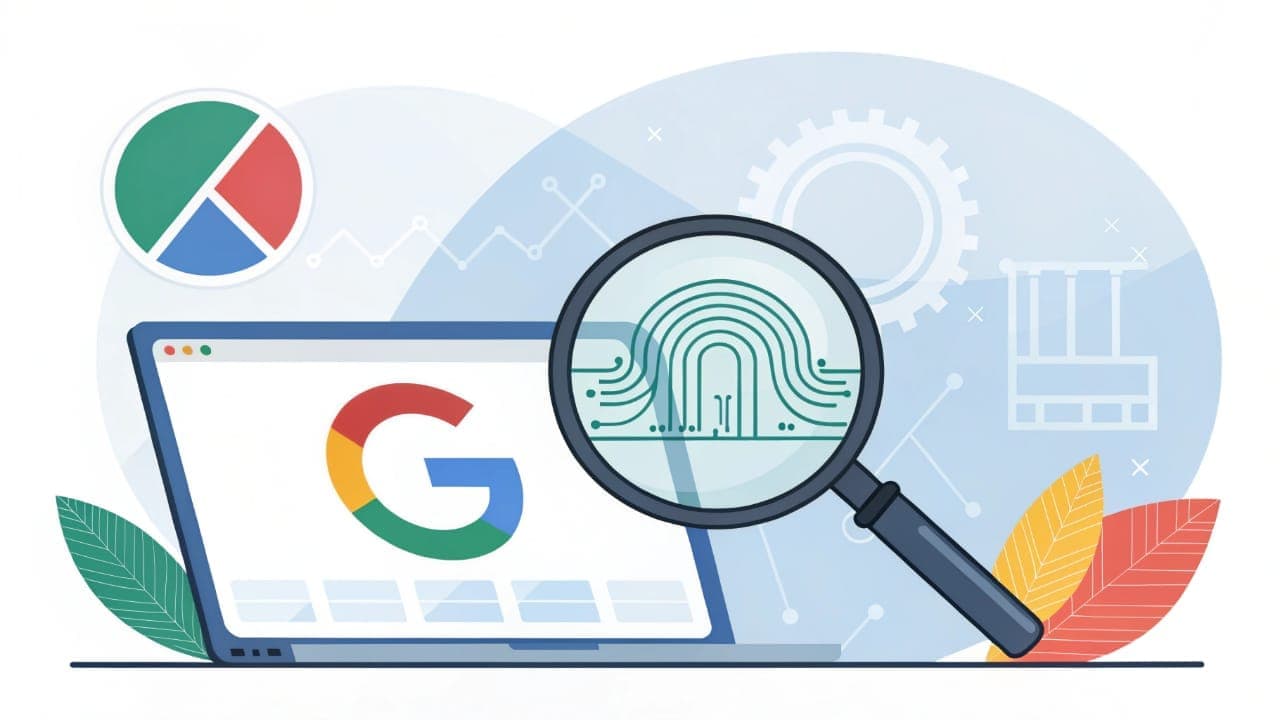 حاسوب محمول يعرض شعار غوغل، مع عدسة مكبرة فوق الشاشة تُظهر بصمة رقمية، مما يرمز إلى أداة SynthID Detector وهي تكشف المحتوى المُنشأ بالذكاء الاصطناعي.