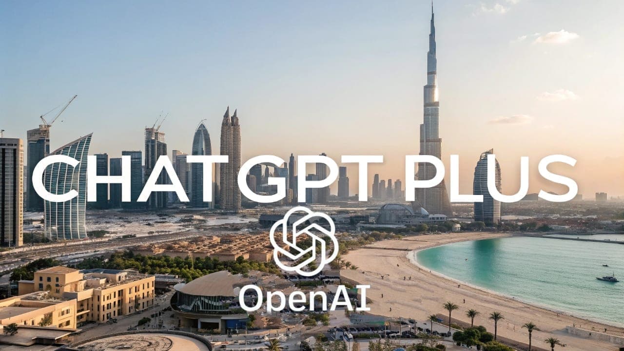 Modern Dubai city skyline, including Burj Khalifa, with "ChatGPT Plus" text and the OpenAI logo overlaid, symbolizing the technology partnership between the UAE and OpenAI.