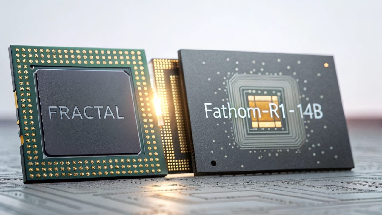 صورة مقربة لشريحتين إلكترونيتين، الأولى تحمل اسم "FRACTAL" والثانية اسم نموذج الذكاء الاصطناعي "Fathom-R1-14B".