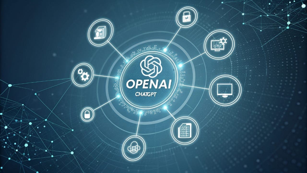شعار OpenAI وChatGPT في المركز، متصل بأيقونات تطبيقات متنوعة، يوضح خطط تسجيل الدخول الموحد للوصول إلى الخدمات الرقمية.
