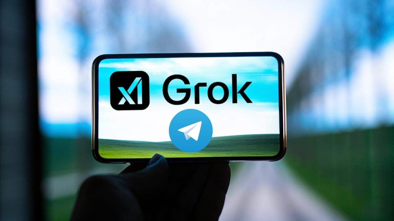 A smartphone displaying the xAI logo and the word 'Grok' alongside the Telegram logo, symbolizing the integration of the Grok chatbot into the Telegram app.