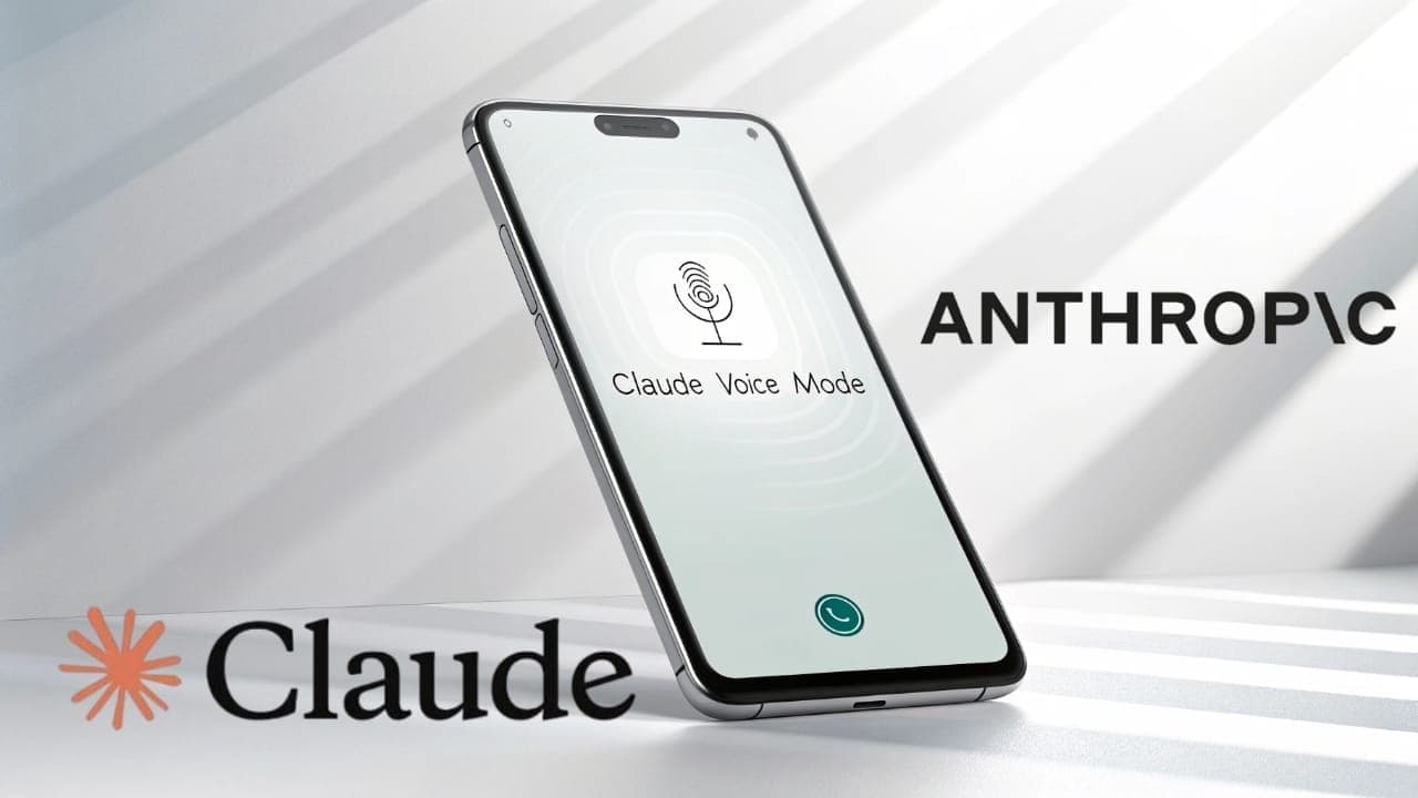 A smartphone displaying Anthropic's Claude voice mode interface with a microphone icon and Anthropic and Claude logos.