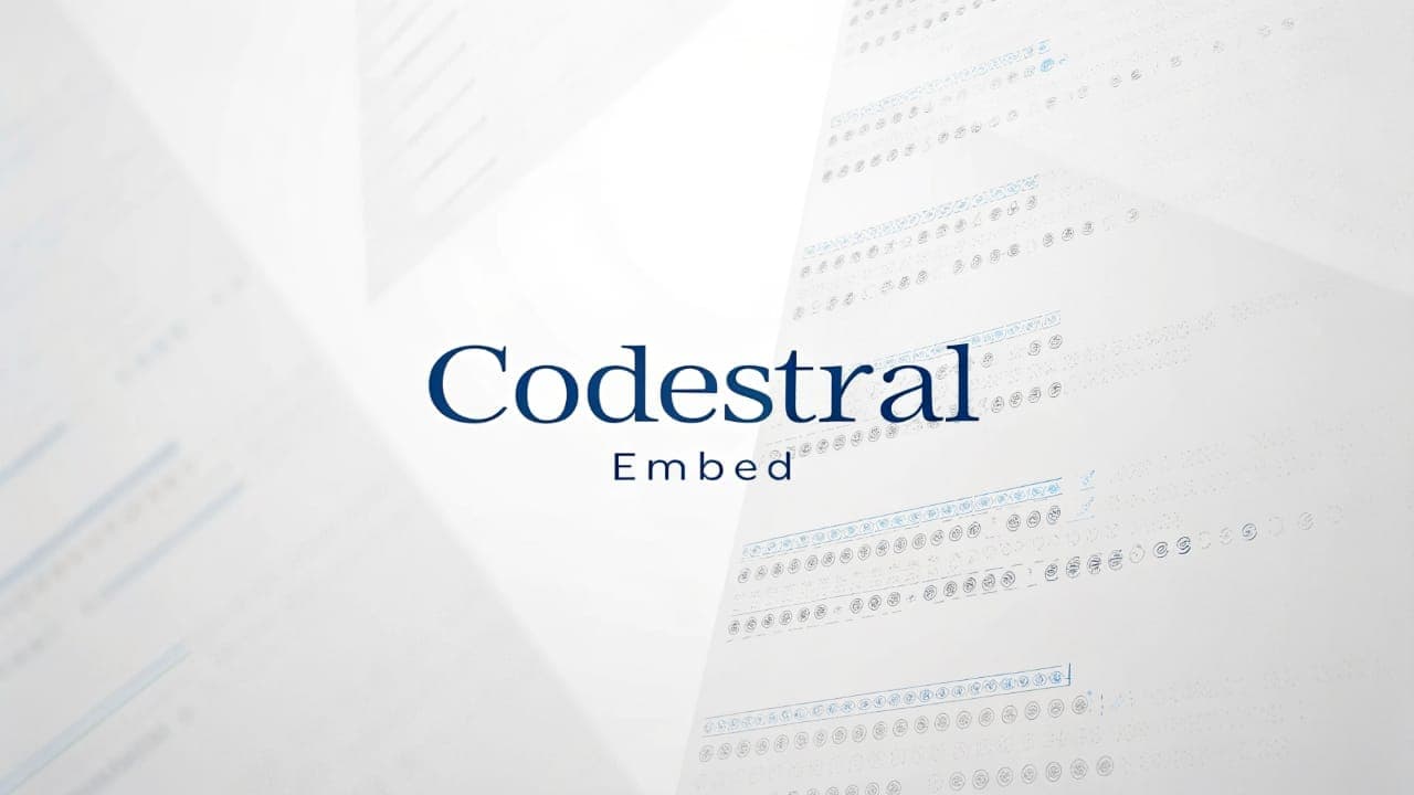 نص "Codestral Embed" باللون الأزرق الداكن، مع كلمة "Embed" بخط أصغر وأفتح أسفل كلمة "Codestral"، على خلفية رمادية فاتحة تتضمن أنماطًا رقمية مجردة وباهتة.