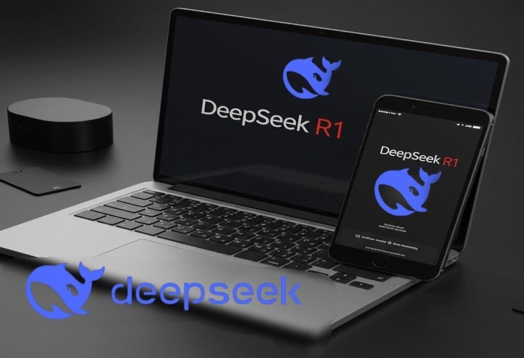 A laptop and smartphone displaying the DeepSeek R1 logo after the announcement of the model update and miniature version.
