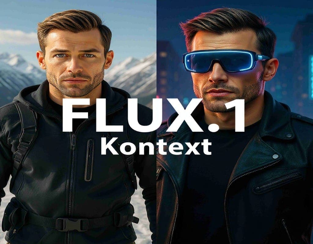 AI transforming a man's realistic photo into a cyberpunk style, with "FLUX.1 Kontext" text overlay highlighting its AI image editing capabilities.