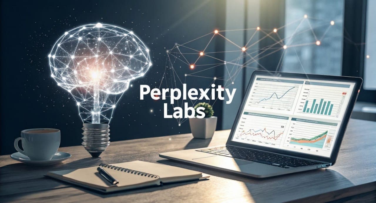 مكتب عمل حديث يعرض شاشة لابتوب تُظهر واجهة Perplexity Labs مع رسوم بيانية ولوحات بيانات، وبجانبها مصباح كهربائي مضيء على هيئة دماغ يرمز لقدرة الأداة على تحويل الأفكار إلى مشاريع.