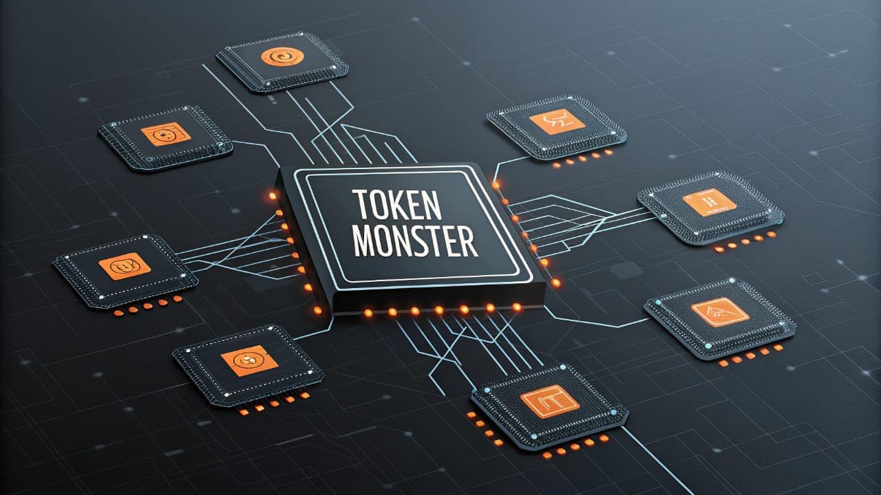 An illustrative diagram of the Token Monster platform showing a central processor chip labeled "Token Monster" connected to several smaller chips symbolizing various integrated AI models.