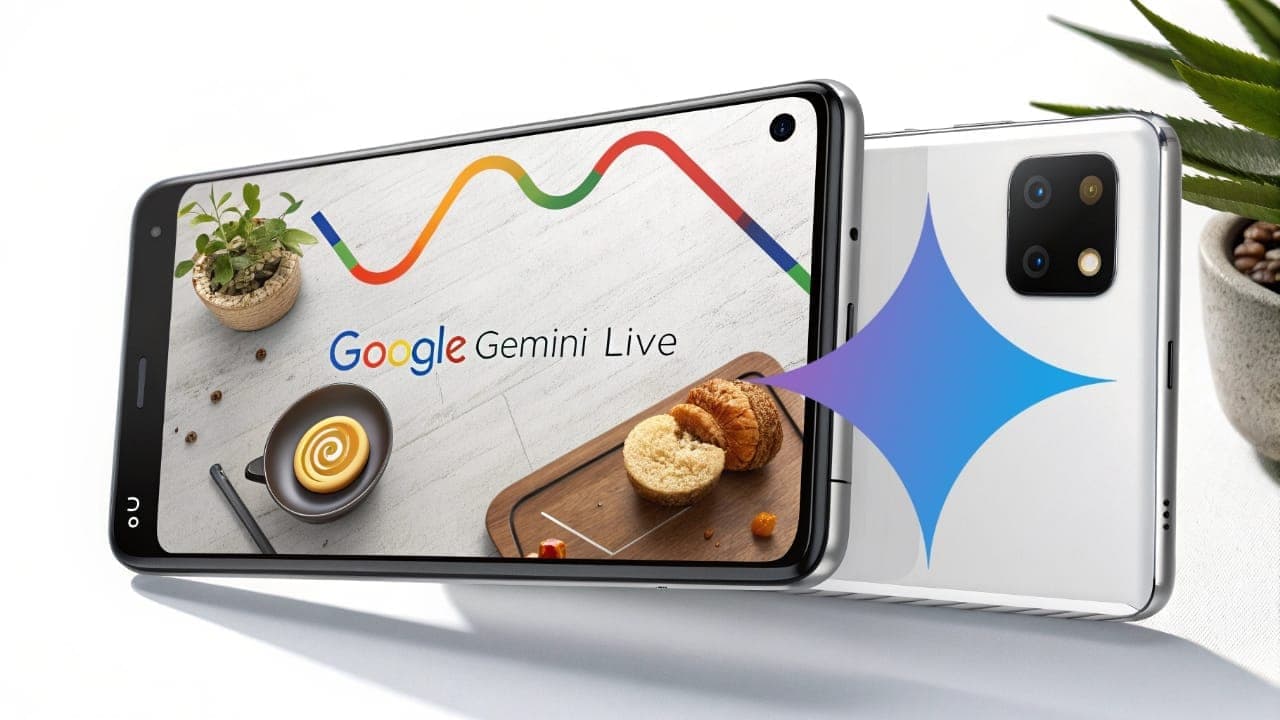 هاتف ذكي يعرض واجهة Google Gemini Live مع شعار الموجة الملونة وميزات مشاركة الكاميرا والشاشة الجديدة المتاحة الآن للجميع مجانًا.