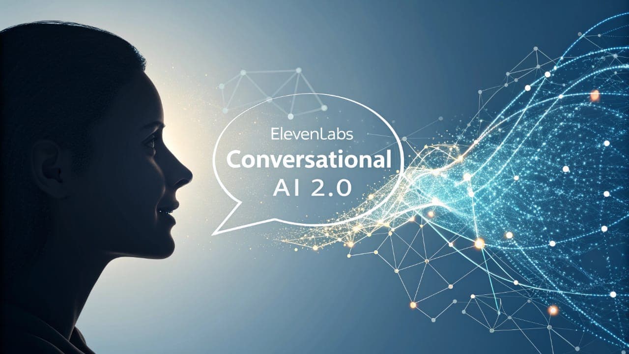 صورة ظلية لشخص يتفاعل مع واجهة صوتية مستقبلية تُمثل منصة ElevenLabs وإصدار Conversational AI 2.0، مع شبكة عصبية ترمز للحوار الطبيعي.
