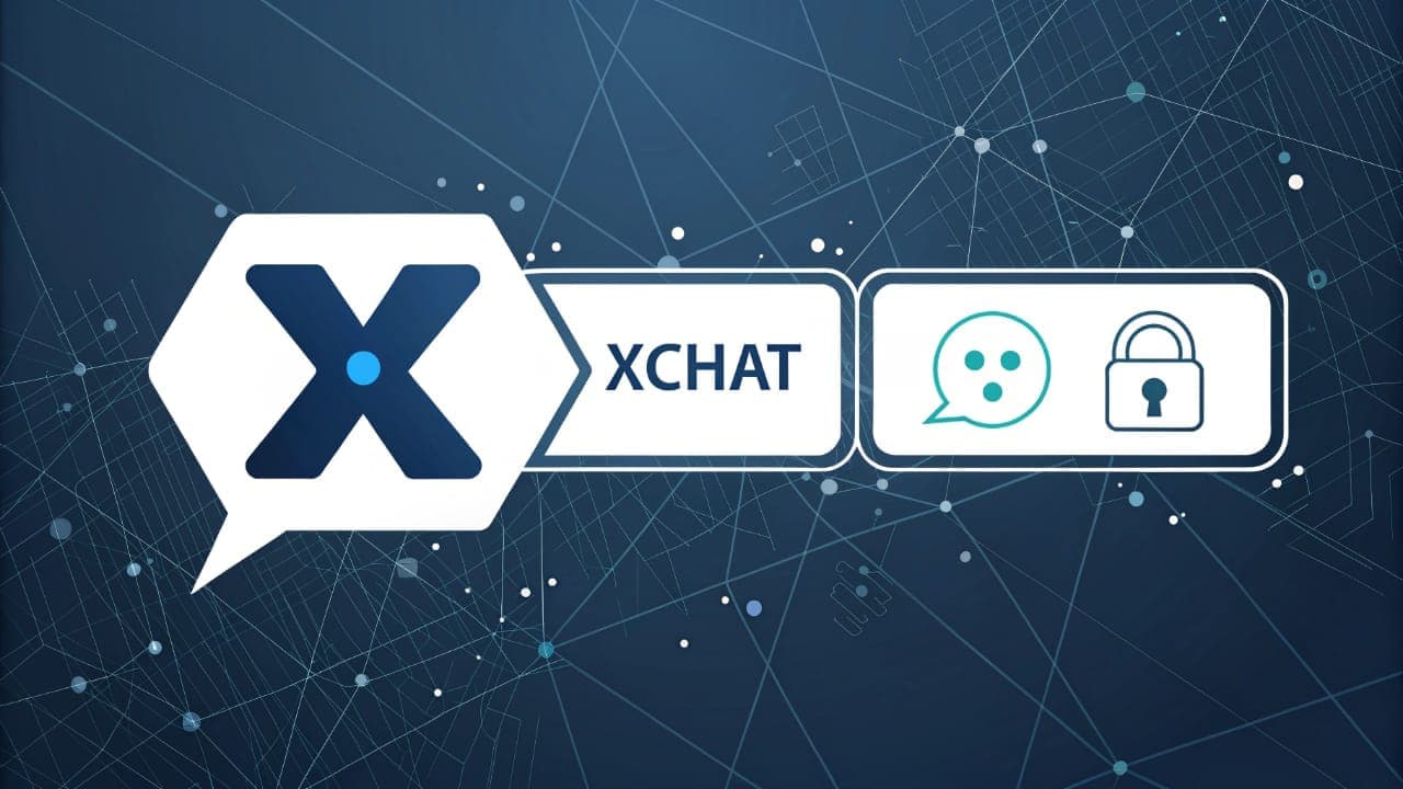 شعار منصة إكس (X) مدمج مع اسم خدمة التراسل الجديدة إكس شات (XChat)، بجانب أيقونات للدردشة وقفل يرمزان للتراسل الآمن والمشفر في النسخة التجريبية.