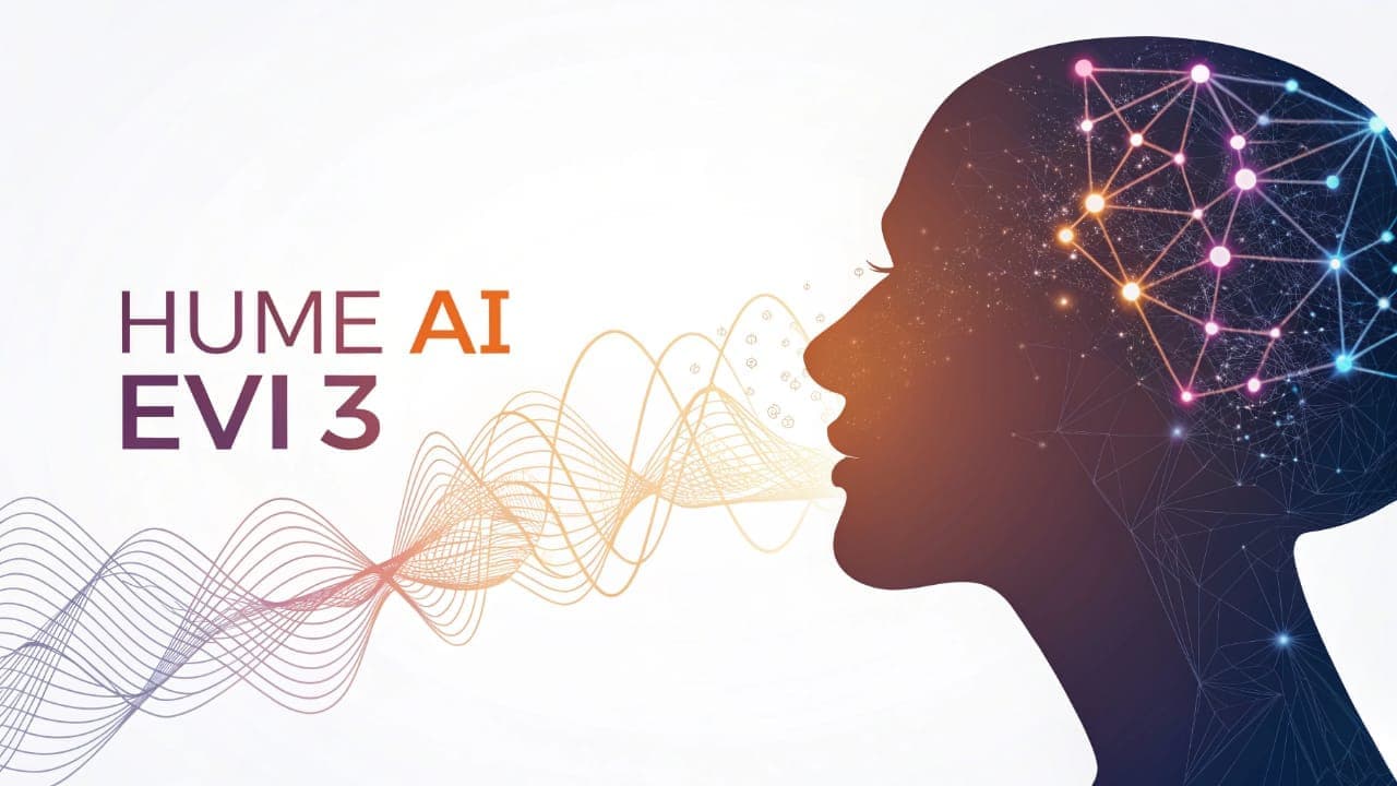 Illustrative image of Hume AI EVI 3, showing the text logo next to a human head silhouette intertwined with sound waves and a neural network, symbolizing empathic AI voice technology.