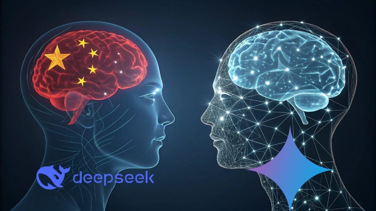 Illustration of a brain with Chinese characters representing DeepSeek facing a digital brain symbolizing Gemini, hinting at data usage allegations.