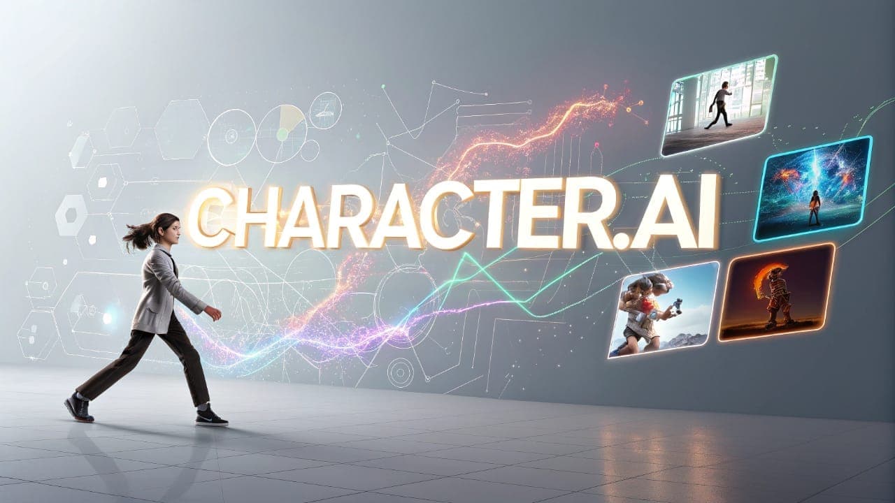 فتاة تسير نحو شعار Character.AI مع أيقونات ترمز لميزات الوسائط المتعددة الجديدة مثل AvatarFX والمشاهد والبث المباشر التفاعلي.