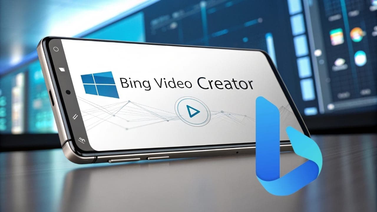 شاشة هاتف ذكي تعرض واجهة تطبيق Bing Video Creator مع شعار مايكروسوفت وزر تشغيل، وشعار Bing في المقدمة، للإشارة إلى أداة إنشاء الفيديو المجانية المعتمدة على نموذج Sora.