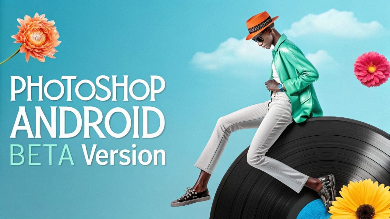 شخص أنيق يرتدي قبعة برتقالية وجاكيت أخضر يجلس على أسطوانة فينيل كبيرة، مع نص 'PHOTOSHOP ANDROID BETA Version' يمثل إطلاق النسخة التجريبية لتطبيق فوتوشوب على أندرويد.