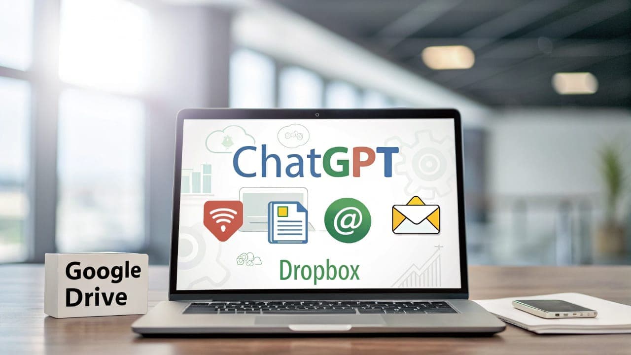 Laptop screen displaying the ChatGPT logo with icons for Google Drive, Dropbox, and other services, illustrating ChatGPT's integration with cloud storage.