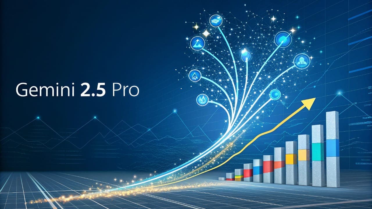 صورة توضيحية لإمكانيات Gemini 2.5 Pro المحدث وقدراته المتطورة في الأداء والذكاء الاصطناعي، تظهر رسومًا بيانية ورموزًا تعبر عن النمو والتقدم.
