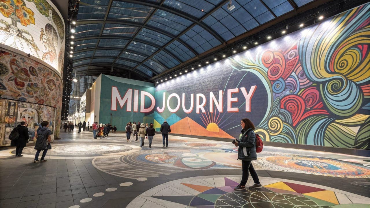 A large art mural featuring the Midjourney logo with prominent letters in a modern gallery with visitors, conveying a sense of creativity from the upcoming Midjourney Video & V8.