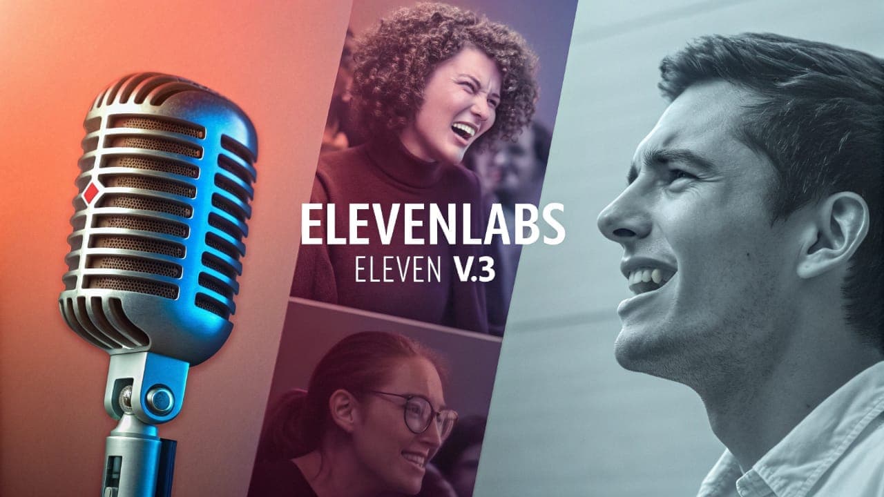 صورة تعرض نص "ELEVENLABS ELEVEN V.3" مع ميكروفون كلاسيكي بارز على جانب، وأفراد متنوعون يظهرون تعابير وجه معبرة مثل الفرح والتفاعل على الجانب الآخر، مما يسلط الضوء على قدرات نموذج الصوت الاصطناعي.