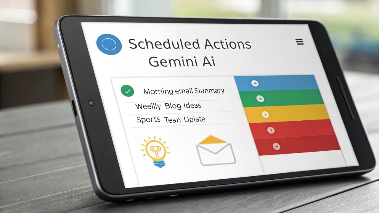 A tablet displaying the "Scheduled Actions" interface in the Gemini AI app, with examples of tasks like morning email summary, blog ideas, and sports updates.