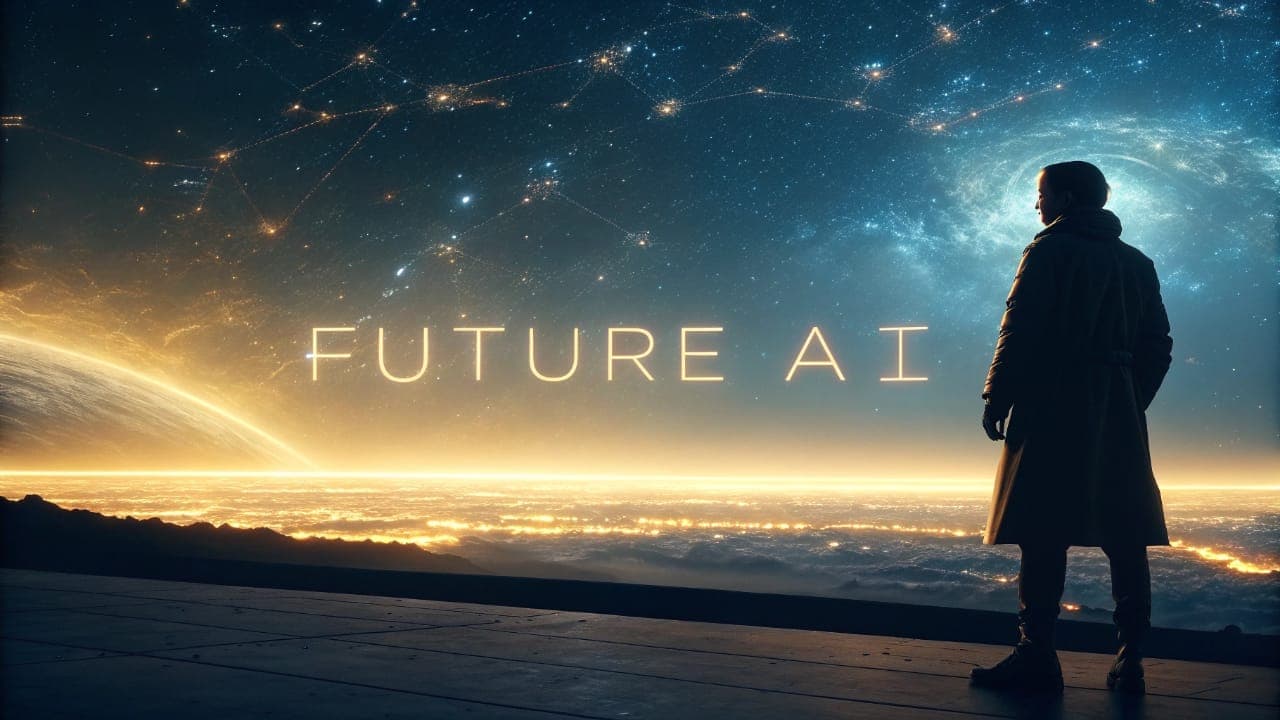 A person stands before a luminous cosmic horizon with the words 'FUTURE AI', representing Ilya Sutskever's vision for the challenges and future of artificial intelligence.