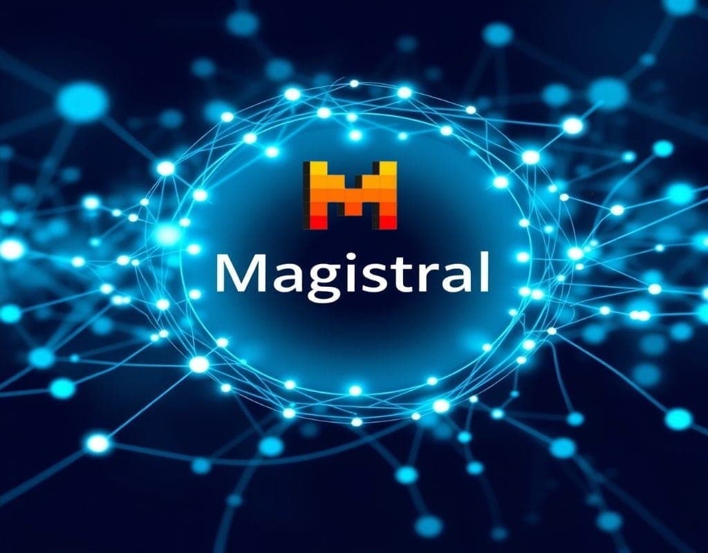 The "Mistral" company logo above the word "Magistral" on a background of a luminous blue neural network, symbolizing artificial intelligence and logical reasoning capabilities.