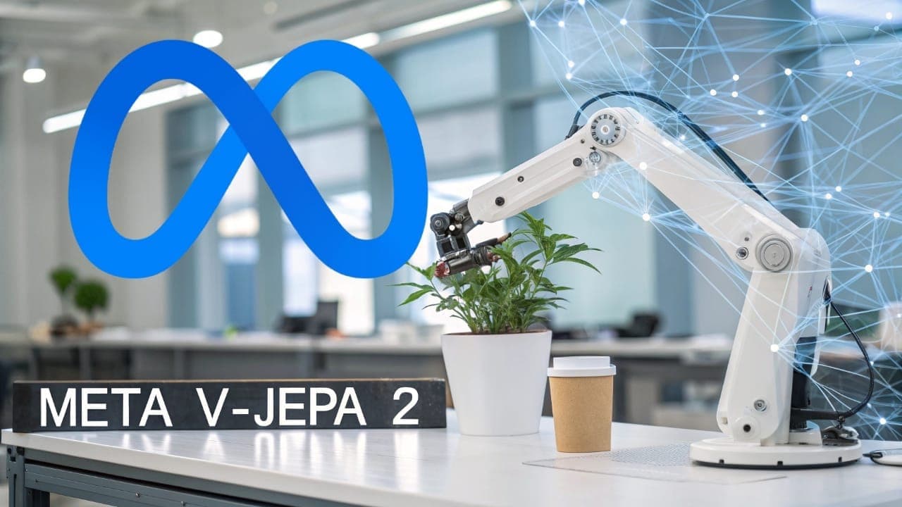 شعار ميتا، ذراع روبوتية تتفاعل مع نبات، كوب قهوة، ونص "META V-JEPA 2" على مكتب، مع تراكب شبكة عصبونية ترمز إلى فهم الذكاء الاصطناعي للعالم المادي.