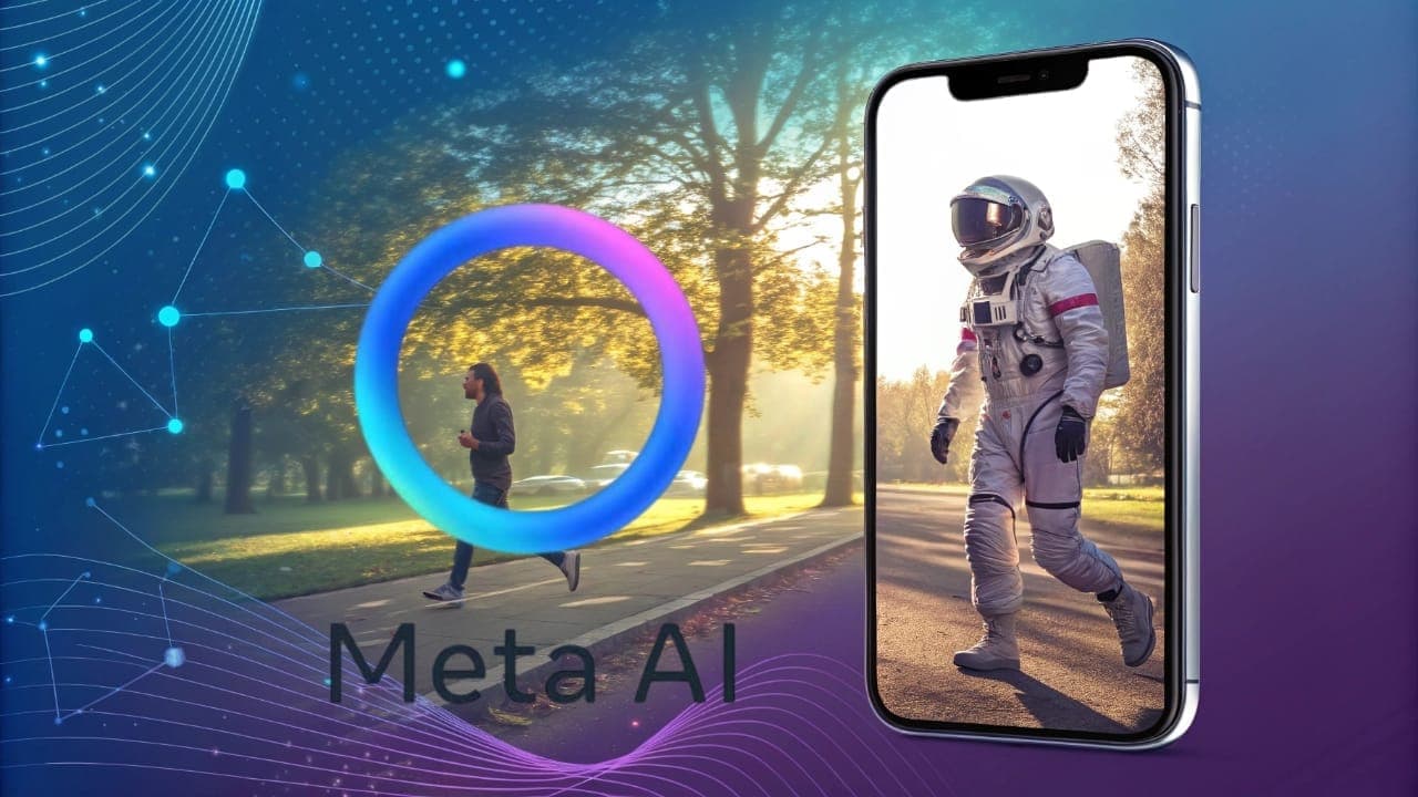 An image showing a smartphone displaying a person transformed into an astronaut using Meta AI's video editing tools. The background shows the original video of the same person running in a park, with the Meta AI logo visible, highlighting the feature's creative transformation power.