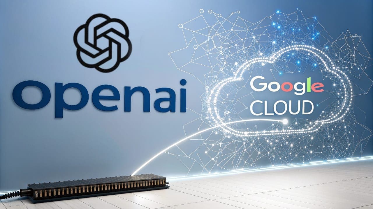 The OpenAI and Google Cloud logos are connected by a line representing power or data, symbolizing the agreement to provide cloud computing infrastructure for AI models.