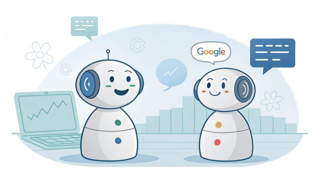 Illustration of two friendly AI robots discussing Google's new Audio Overviews feature for Search, with one robot saying 'Google' and interface elements in the background.