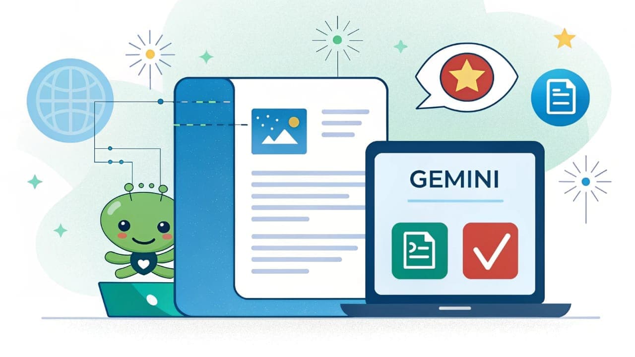 رسم توضيحي يُظهر Gemini AI من جوجل وهو يقوم بتحليل وتلخيص مستند بجانب حاسوب محمول يعرض واجهة Gemini لتلخيص النماذج، مع رموز تشير للإنتاجية والذكاء الاصطناعي.