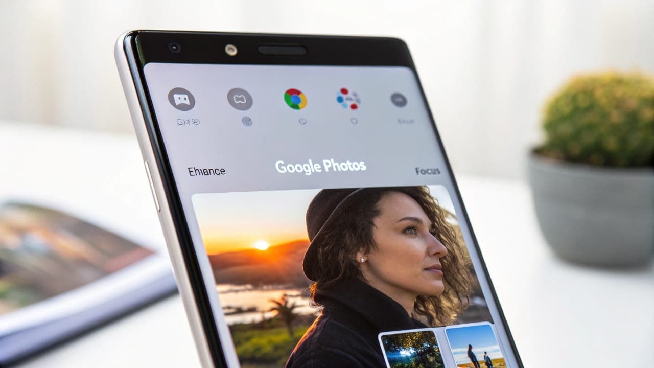 A smartphone displaying the Google Photos app with its new AI-powered editor interface, showing editing options like 'Enhance' and 'Focus' on a woman's portrait.